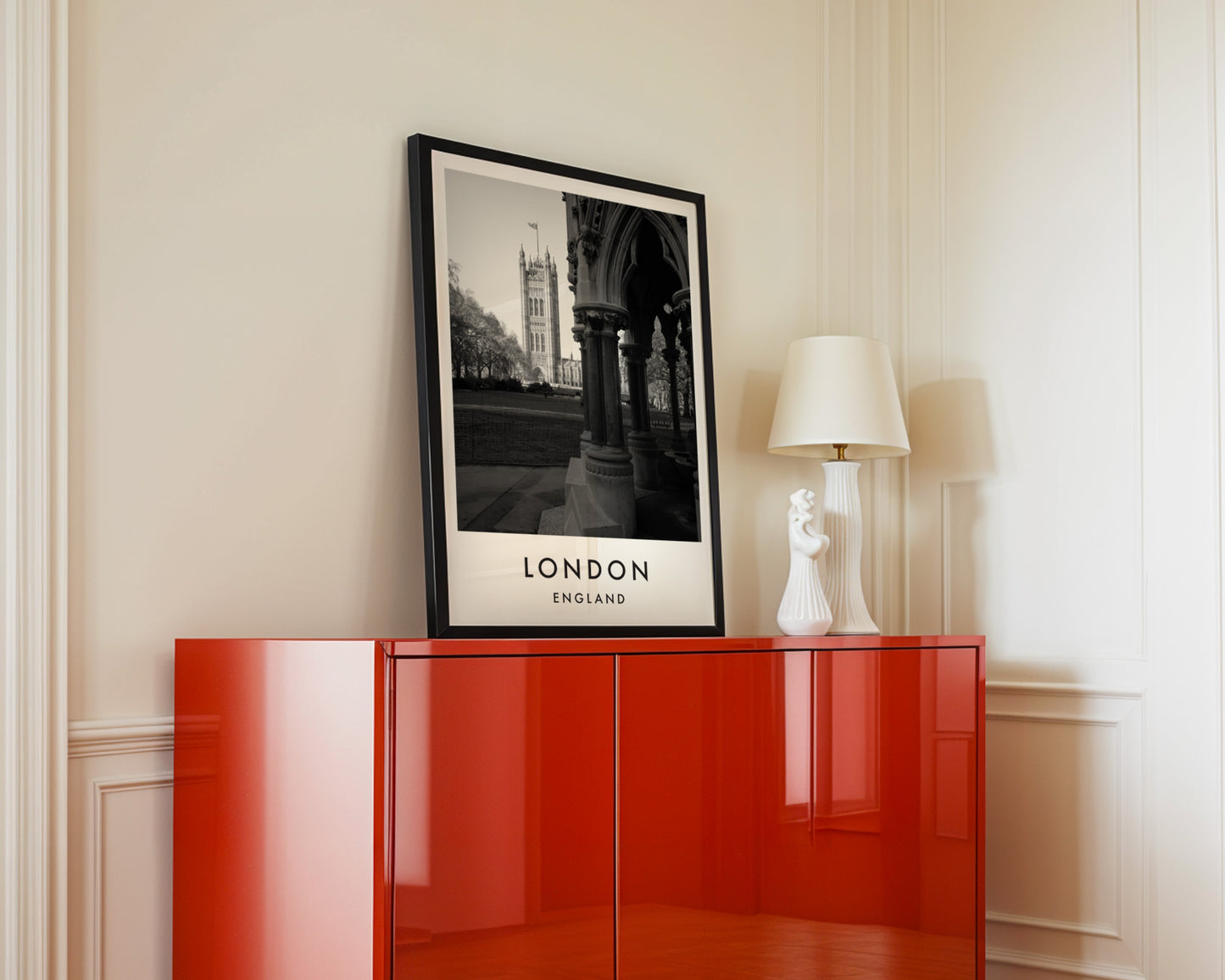 Victoria Tower Gothic Arches Black and White - London analogue photography poster print in interior design setting