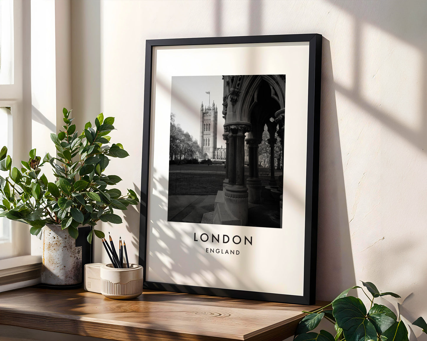 Victoria Tower Gothic Arches Black and White - London analogue photography poster print in modern room setting