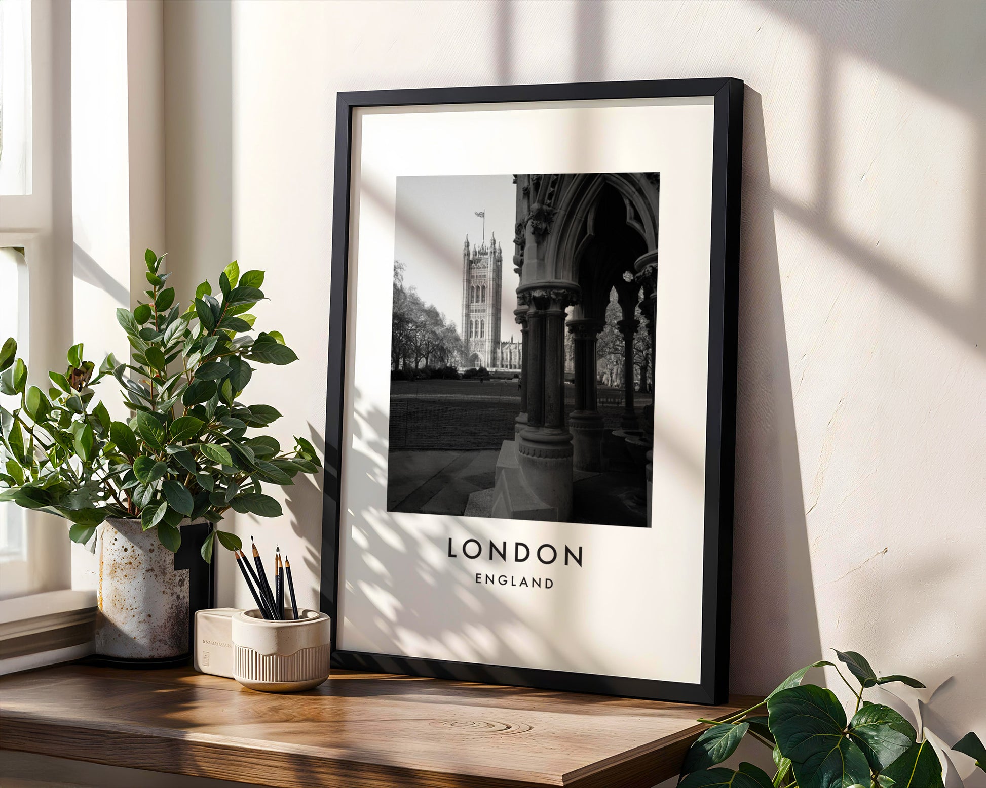 Victoria Tower Gothic Arches Black and White - London analogue photography poster print in modern room setting