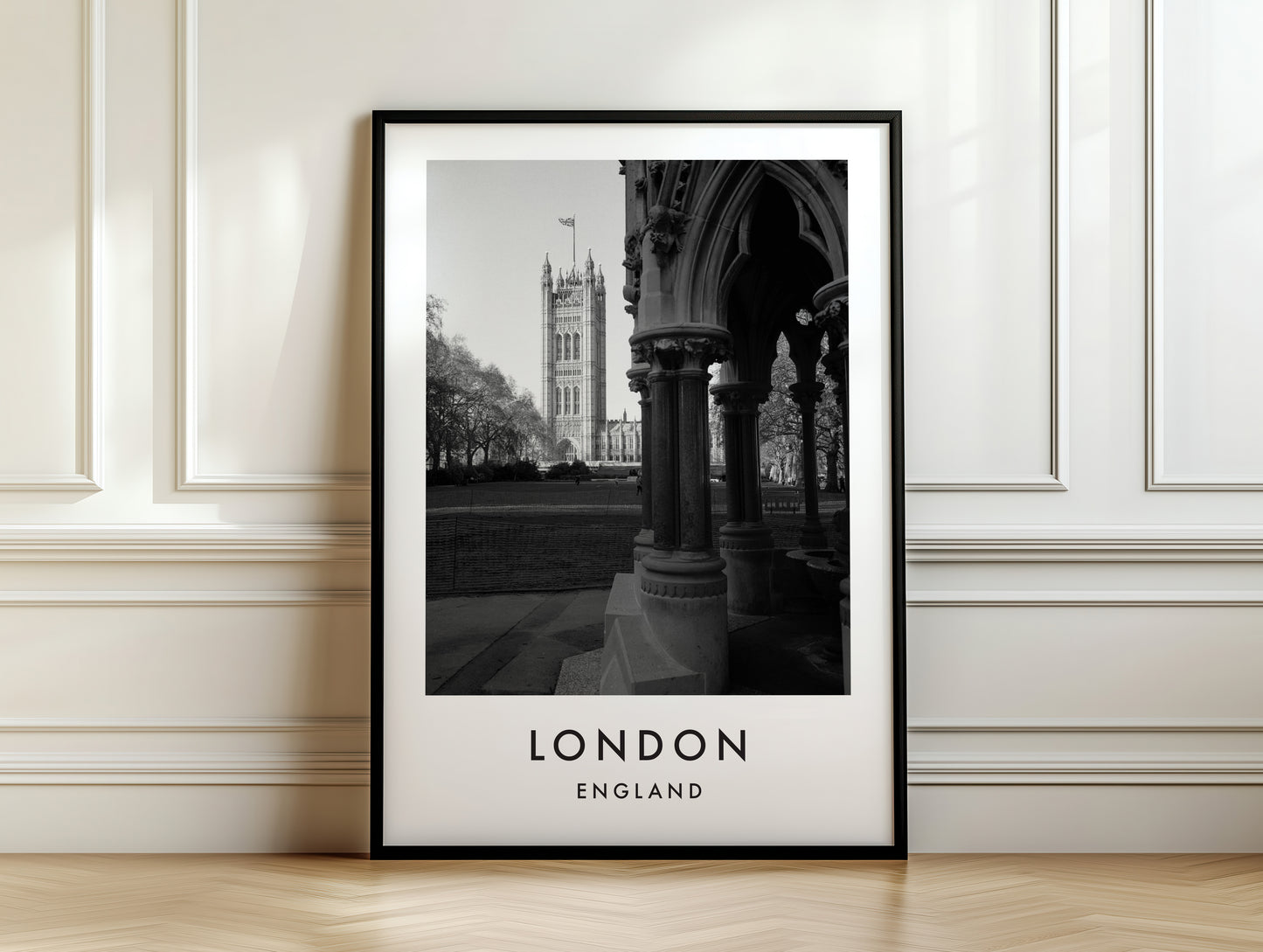 Victoria Tower Gothic Arches Black and White - London analogue photography poster print on white panelled wall