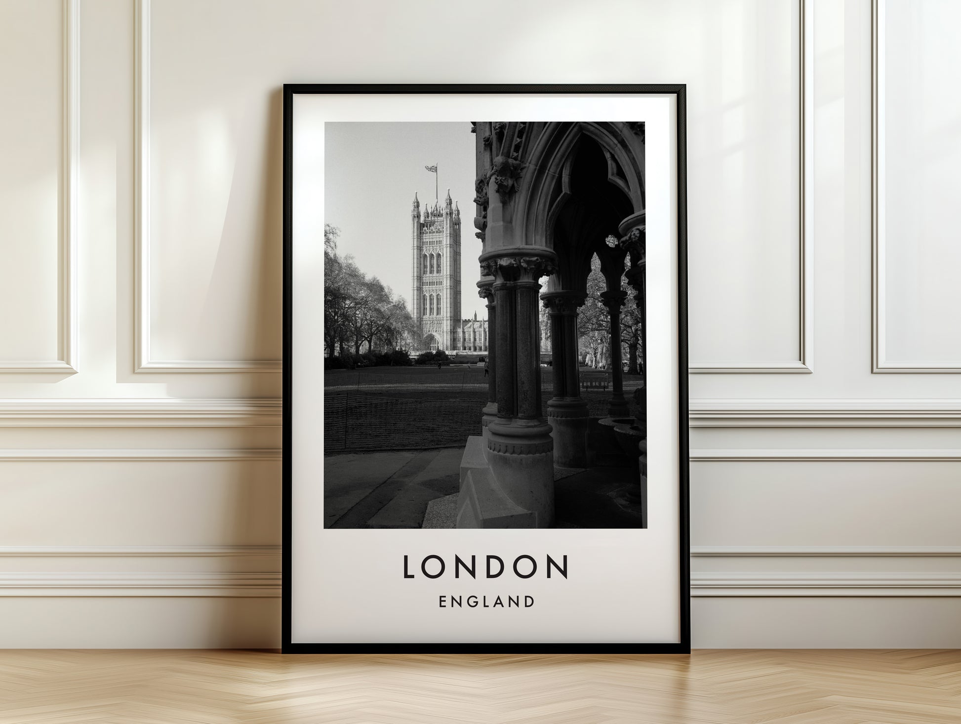 Victoria Tower Gothic Arches Black and White - London analogue photography poster print on white panelled wall