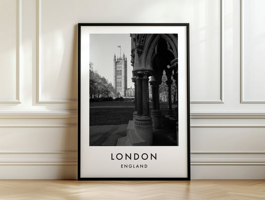 Victoria Tower Gothic Arches Black and White - London analogue photography poster print on white panelled wall