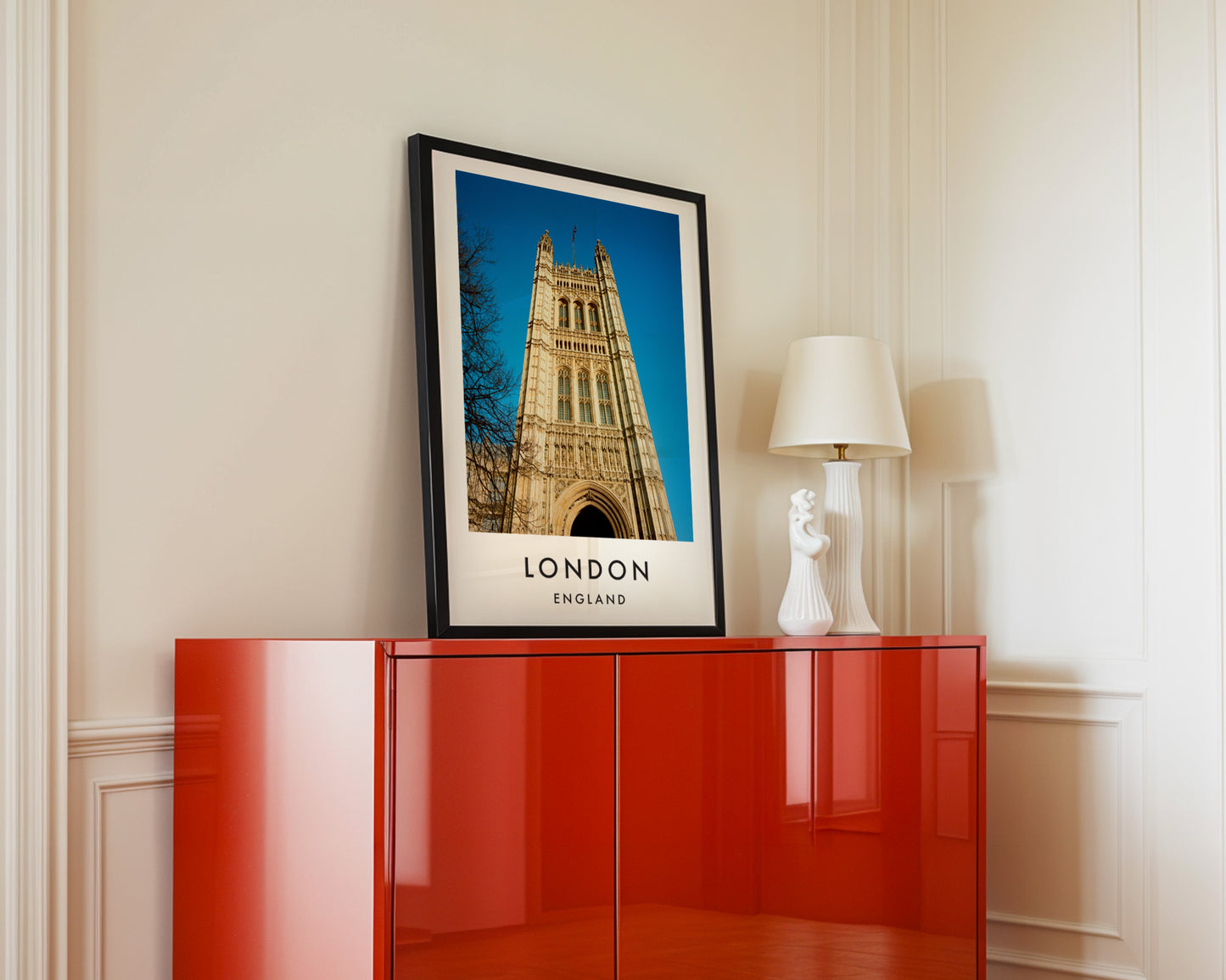 Victoria Tower Low Angle Gothic Arch Blue Sky - London analogue photography poster print in interior design setting