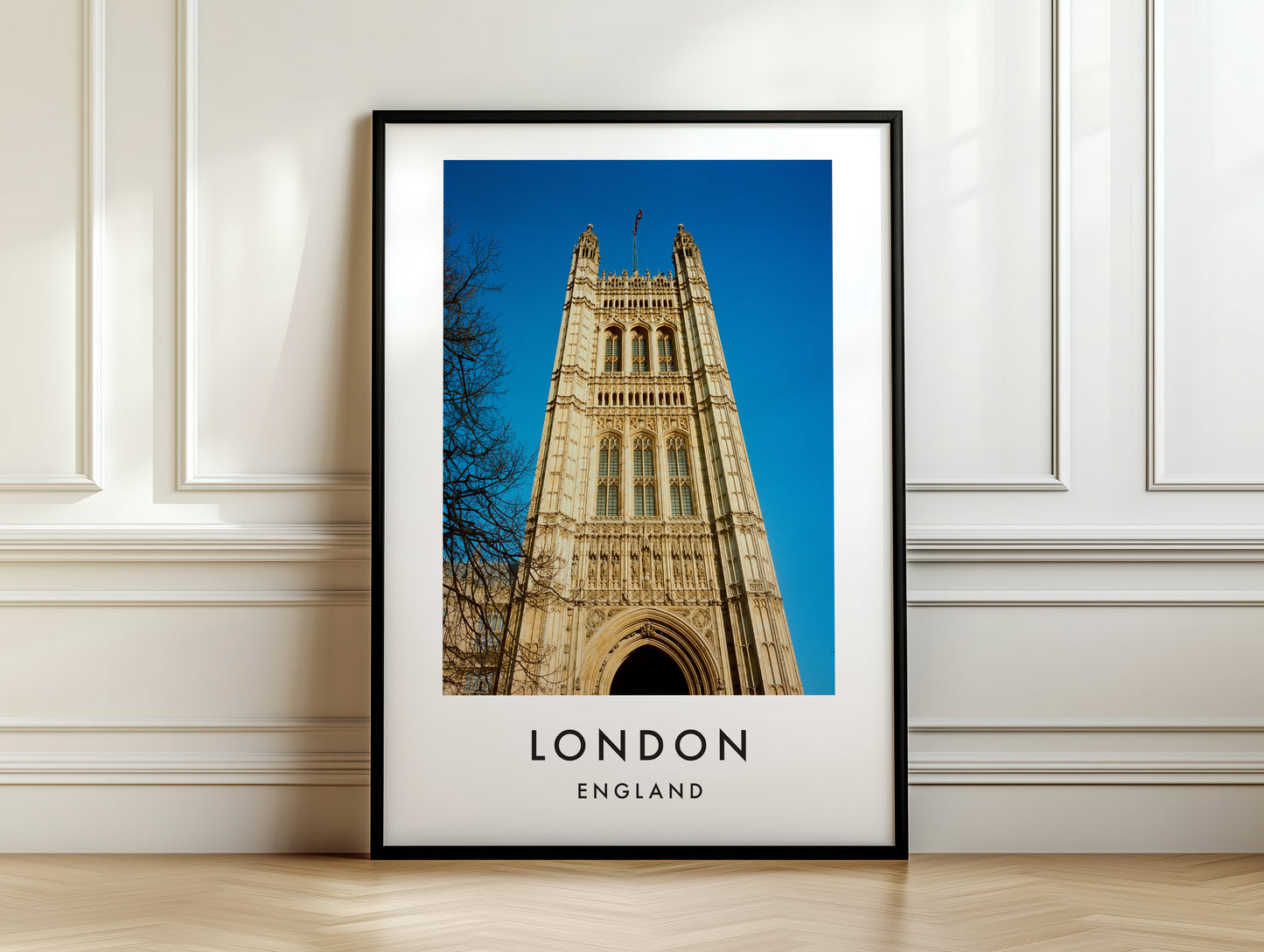 Victoria Tower Low Angle Gothic Arch Blue Sky - London analogue photography poster print on white panelled wall