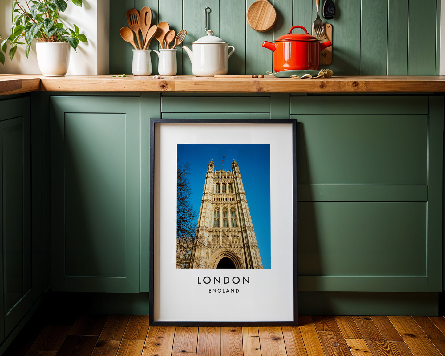 Victoria Tower Low Angle Gothic Arch Blue Sky - London analogue photography poster print on minimalist white wall