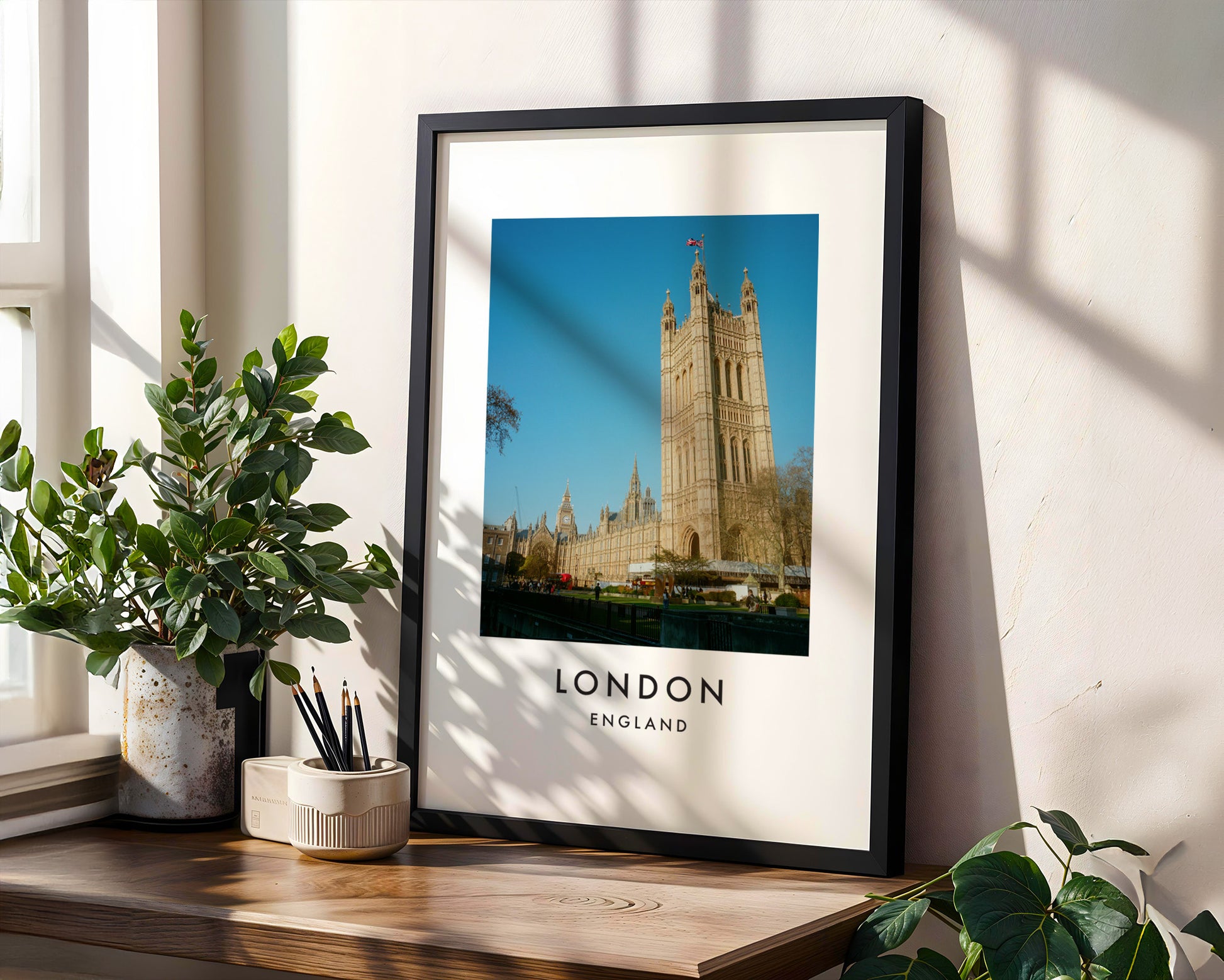 Victoria Tower Palace of Westminster Garden Wide - London analogue photography poster print in modern room setting