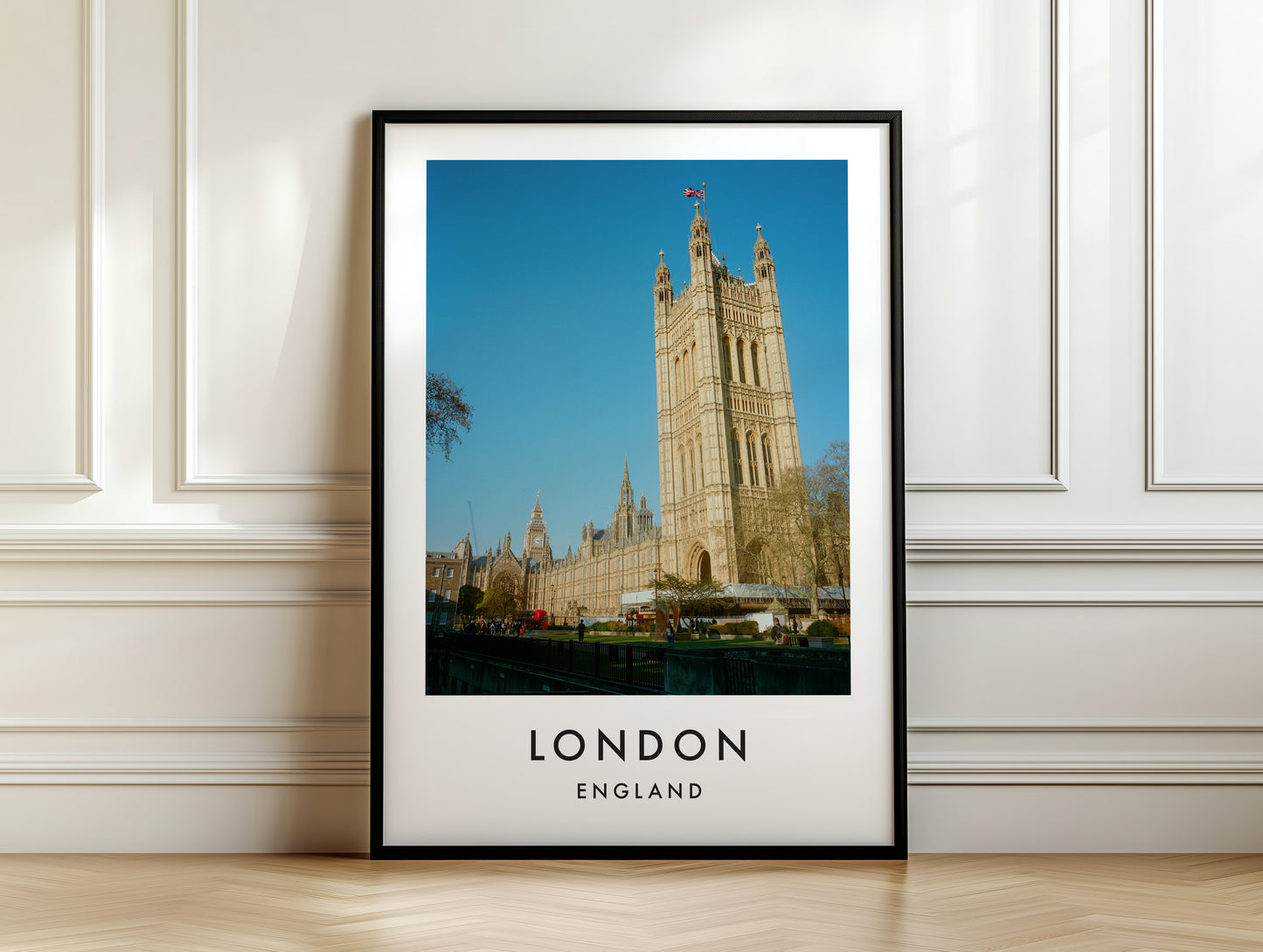 Victoria Tower Palace of Westminster Garden Wide - London analogue photography poster print on white panelled wall