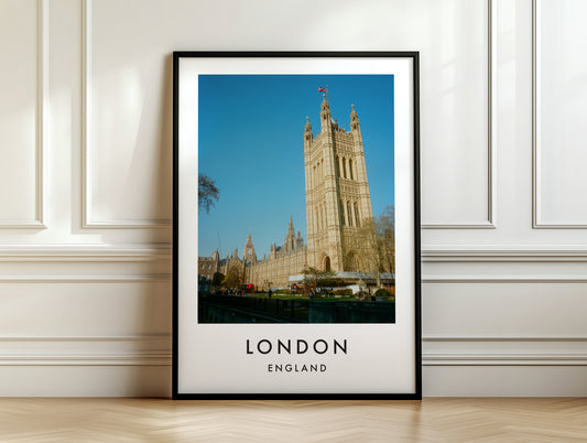 Victoria Tower Palace of Westminster Garden Wide - London analogue photography poster print on white panelled wall