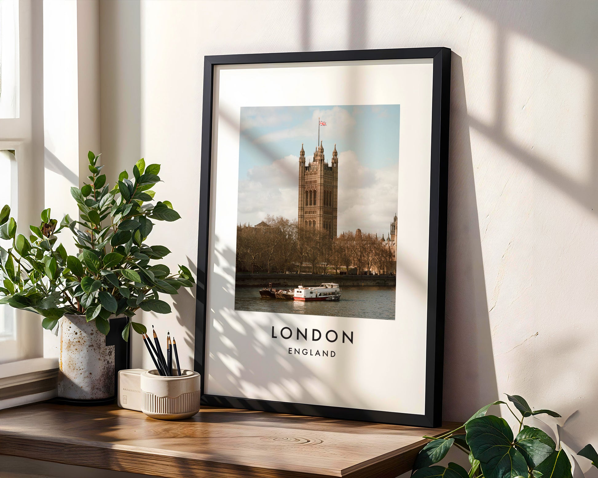 Victoria Tower Thames Boat Daytime - London analogue photography poster print in modern room setting
