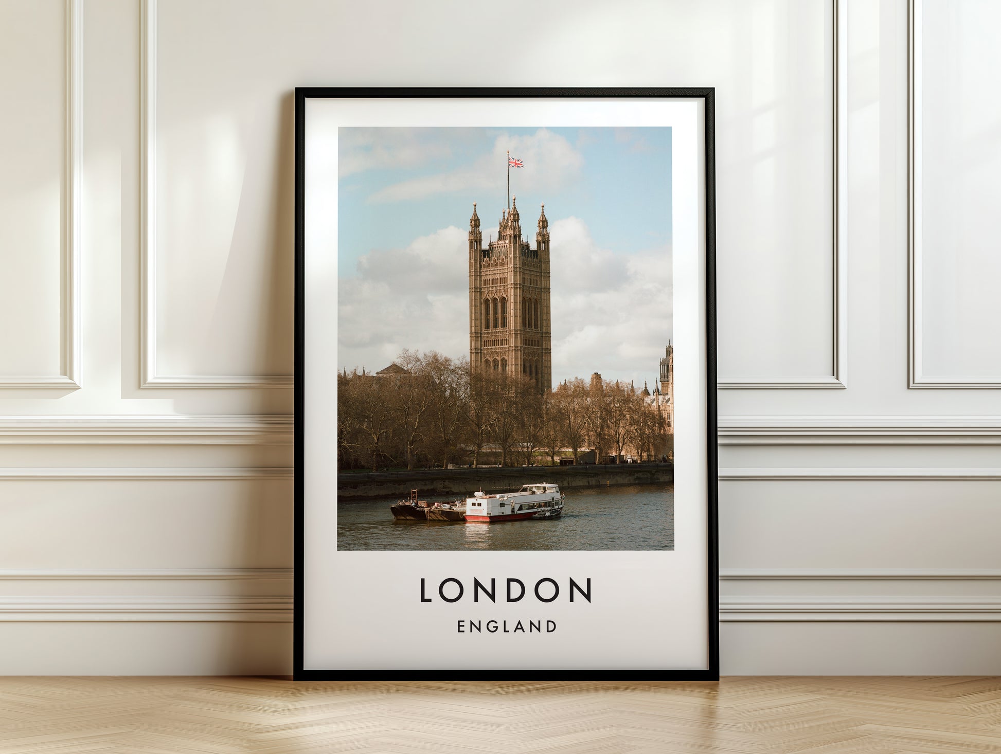 Victoria Tower Thames Boat Daytime - London analogue photography poster print on white panelled wall
