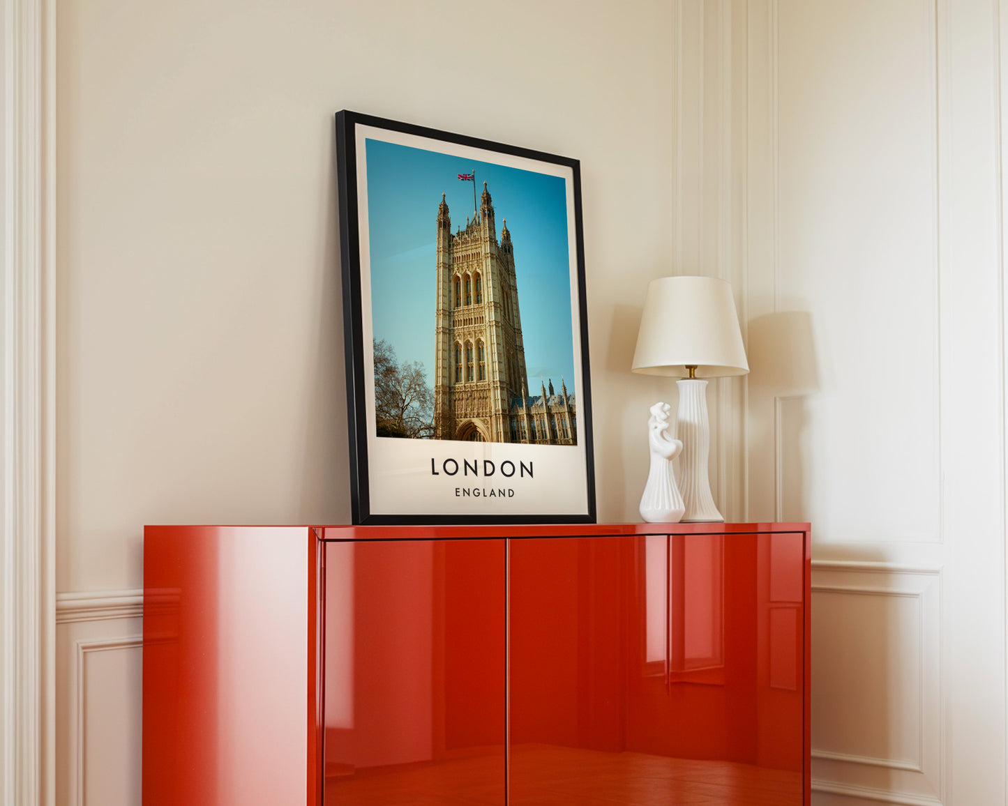 Victoria Tower Union Jack Close Up - London analogue photography poster print in interior design setting