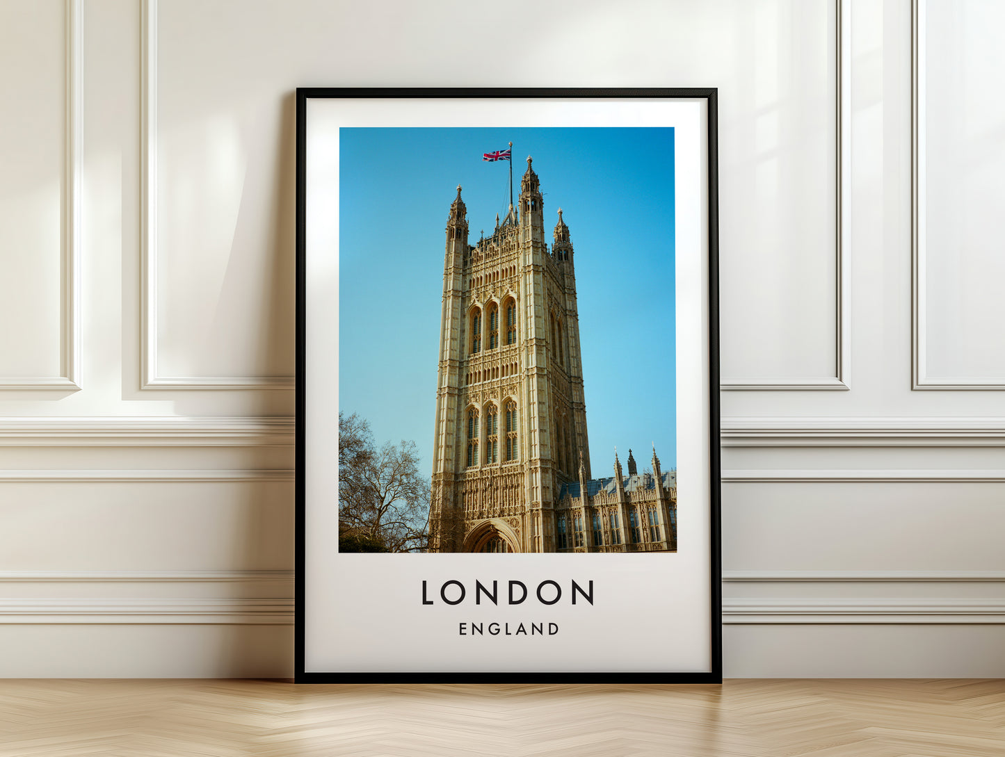 Victoria Tower Union Jack Close Up - London analogue photography poster print on white panelled wall