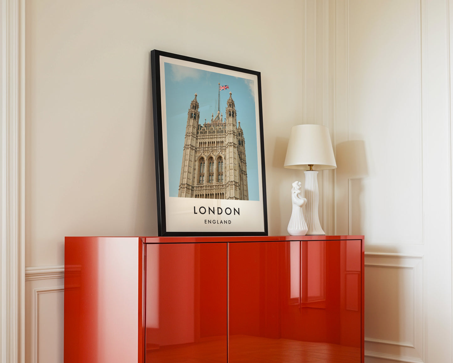 Victoria Tower Union Jack Flag Blue Sky - London analogue photography poster print in interior design setting