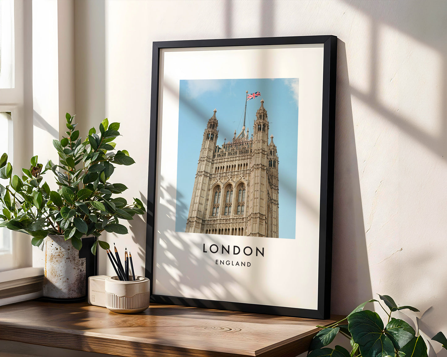 Victoria Tower Union Jack Flag Blue Sky - London analogue photography poster print in modern room setting