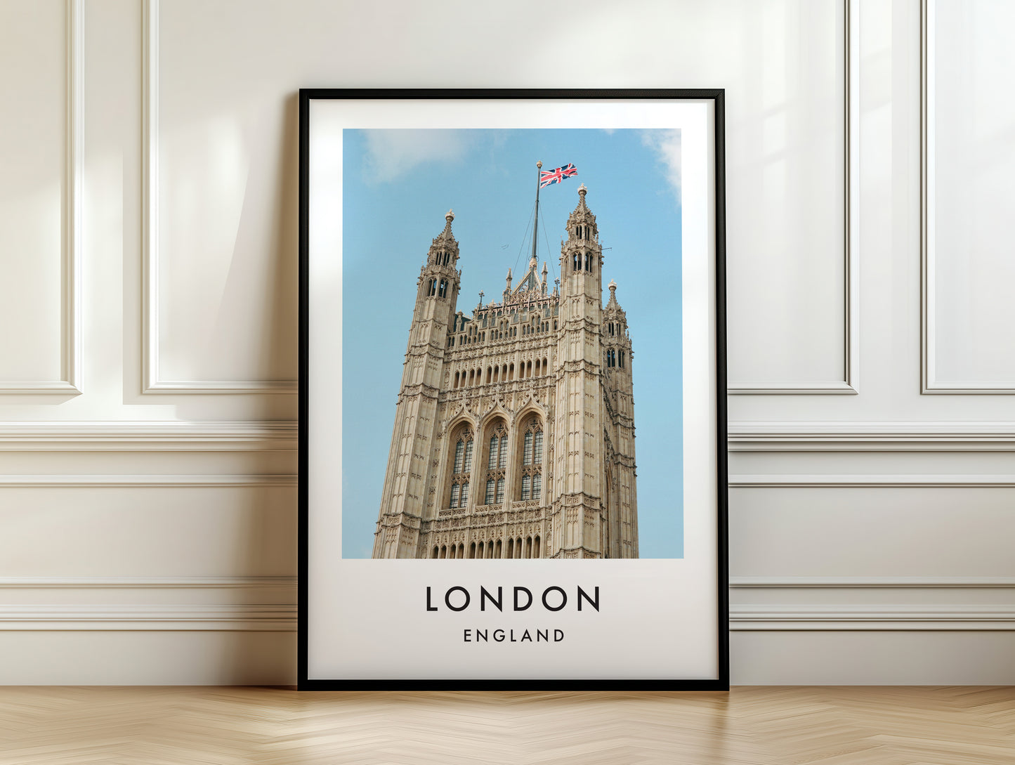 Victoria Tower Union Jack Flag Blue Sky - London analogue photography poster print on white panelled wall