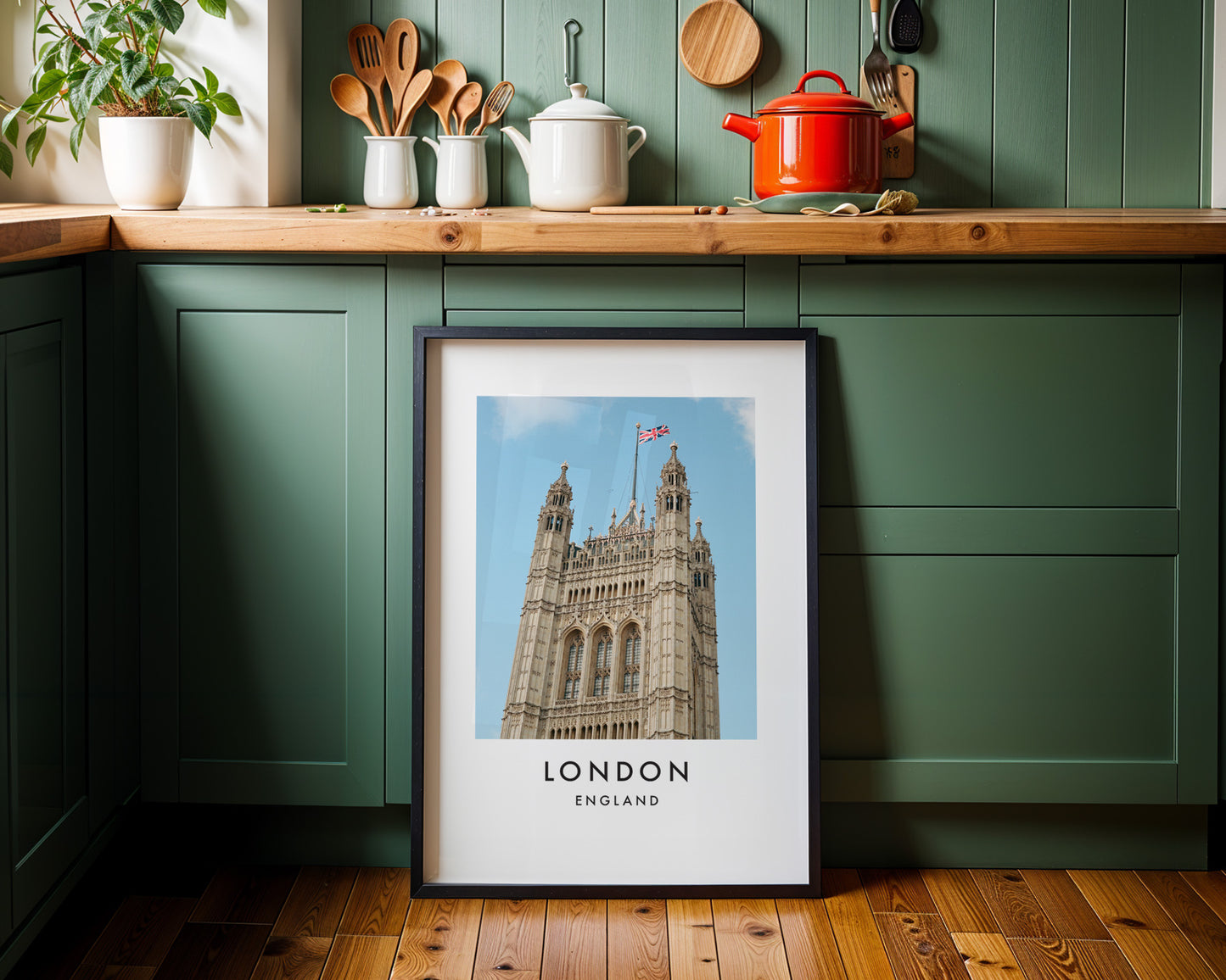 Victoria Tower Union Jack Flag Blue Sky - London analogue photography poster print on minimalist white wall