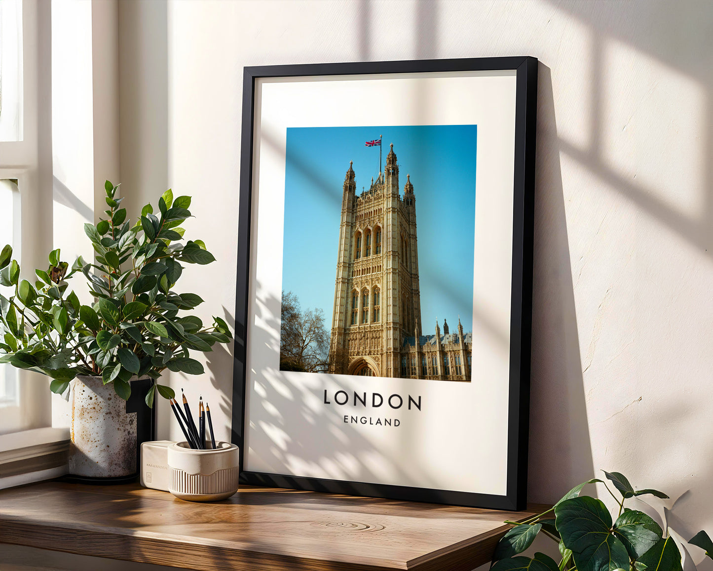 Victoria Tower Union Jack Parliament Wide - London analogue photography poster print in modern room setting
