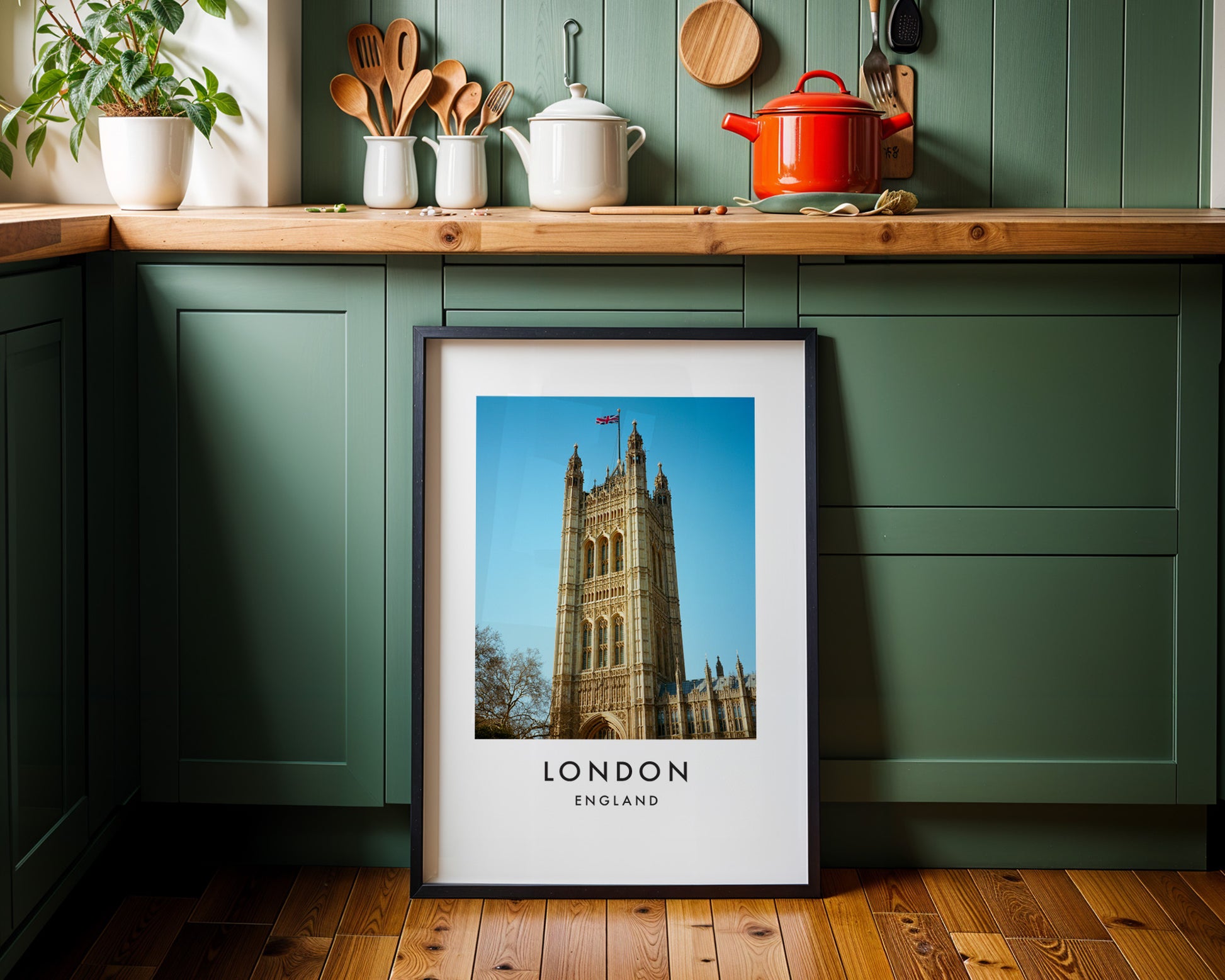Victoria Tower Union Jack Parliament Wide - London analogue photography poster print on minimalist white wall
