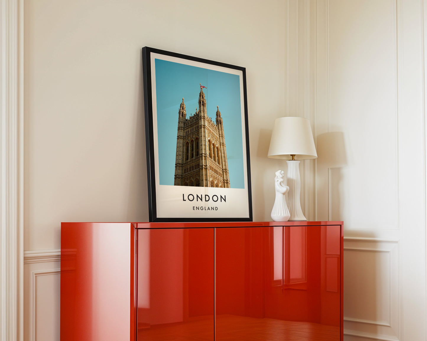 Victoria Tower Upper Section Flag Blue Sky - London analogue photography poster print in interior design setting