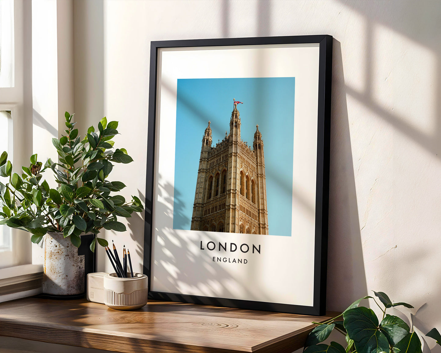 Victoria Tower Upper Section Flag Blue Sky - London analogue photography poster print in modern room setting