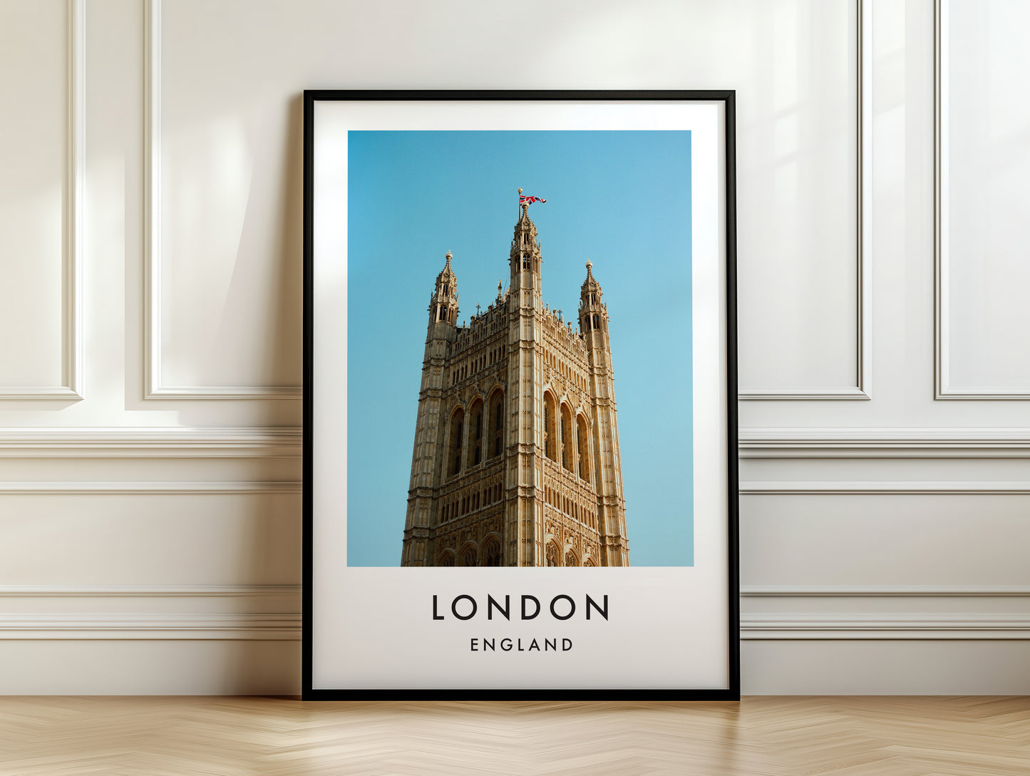 Victoria Tower Upper Section Flag Blue Sky - London analogue photography poster print on white panelled wall