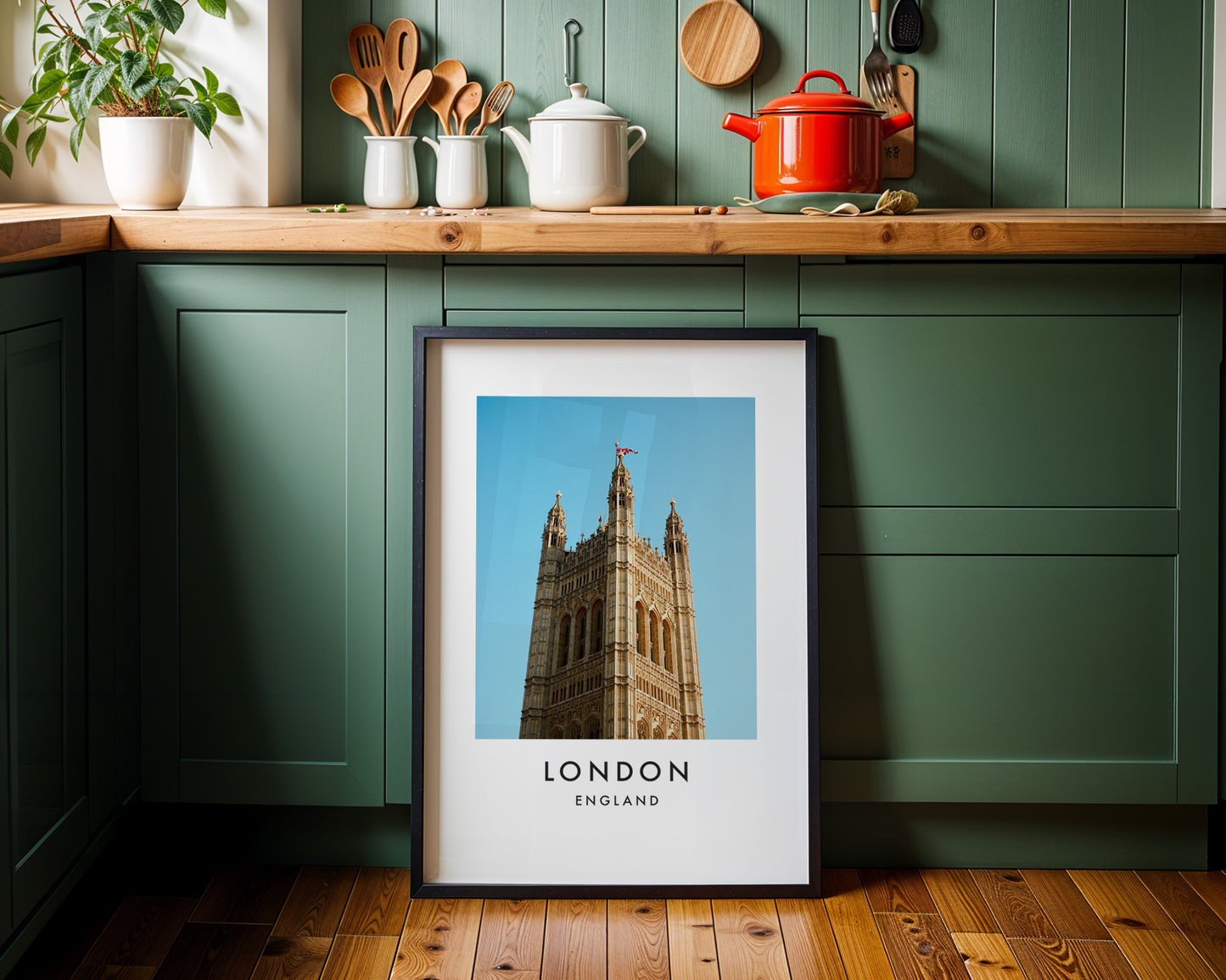 Victoria Tower Upper Section Flag Blue Sky - London analogue photography poster print on minimalist white wall