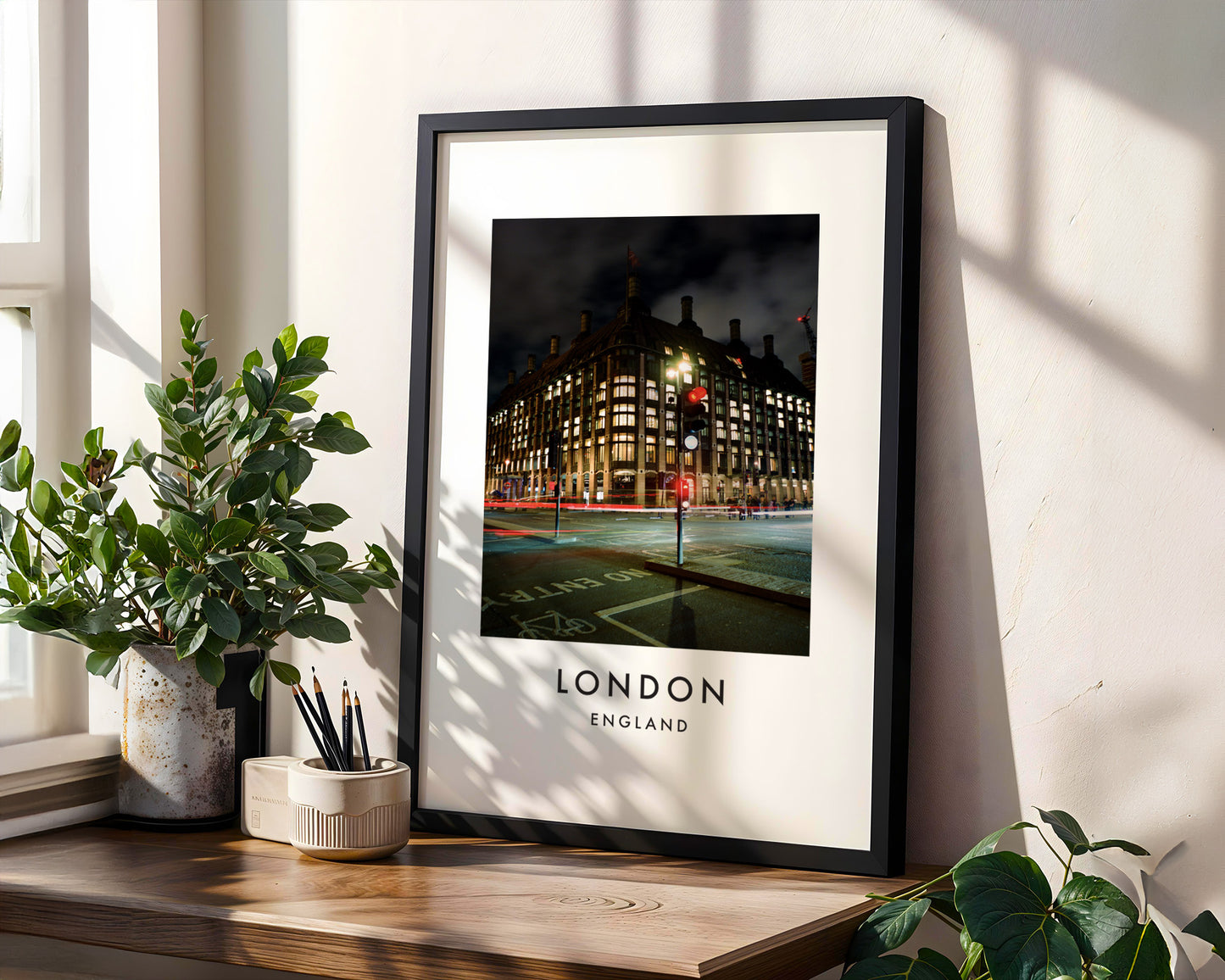 Victorian Building Night Westminster Bus Lane - London analogue photography poster print in modern room setting