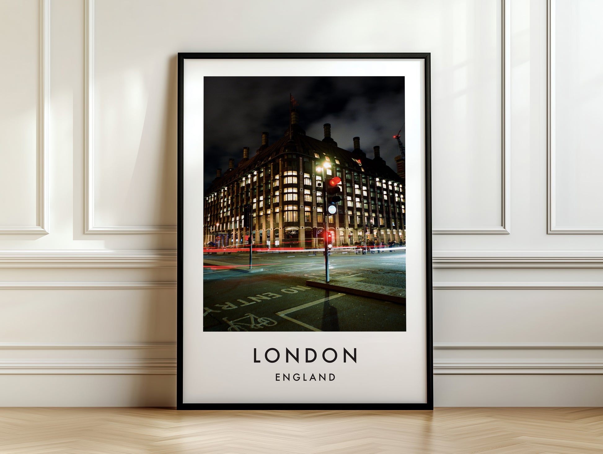 Victorian Building Night Westminster Bus Lane - London analogue photography poster print on white panelled wall