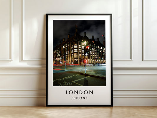 Victorian Building Night Westminster Bus Lane - London analogue photography poster print on white panelled wall