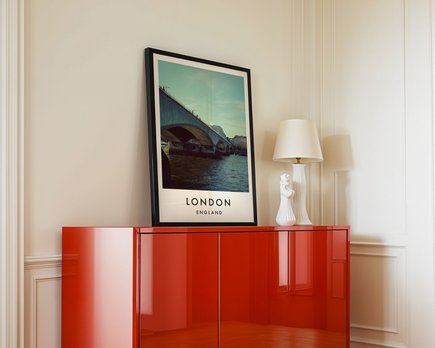 Waterloo Bridge Concrete Arches Thames Daytime - London analogue photography poster print in interior design setting