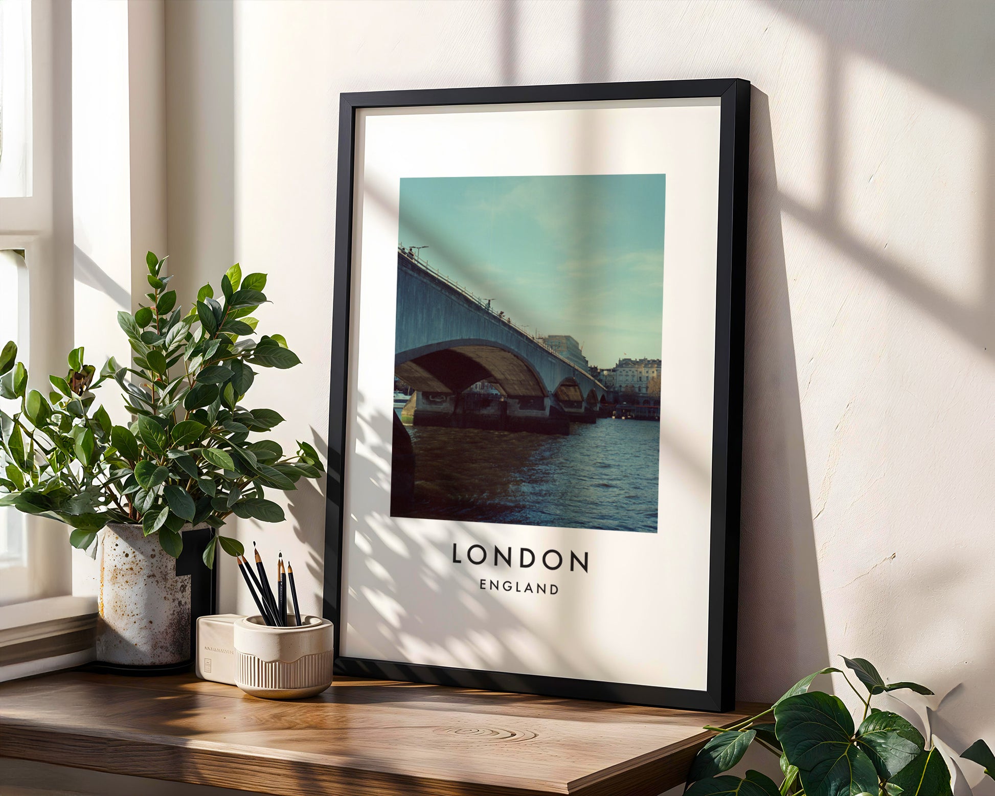 Waterloo Bridge Concrete Arches Thames Daytime - London analogue photography poster print in modern room setting