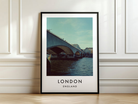 Waterloo Bridge Concrete Arches Thames Daytime - London analogue photography poster print on white panelled wall
