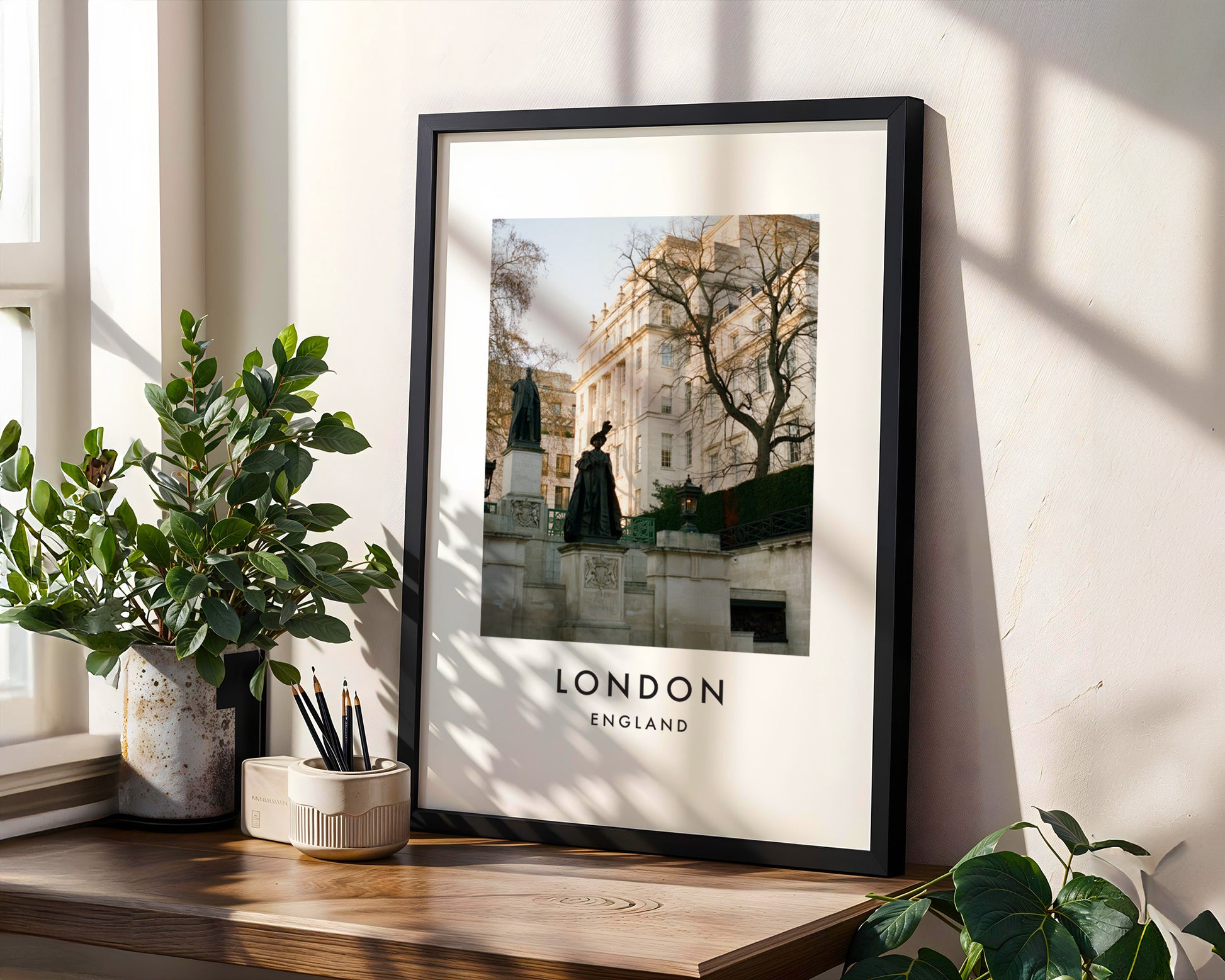 Waterloo Place Statues Carlton House Terrace - London analogue photography poster print in modern room setting