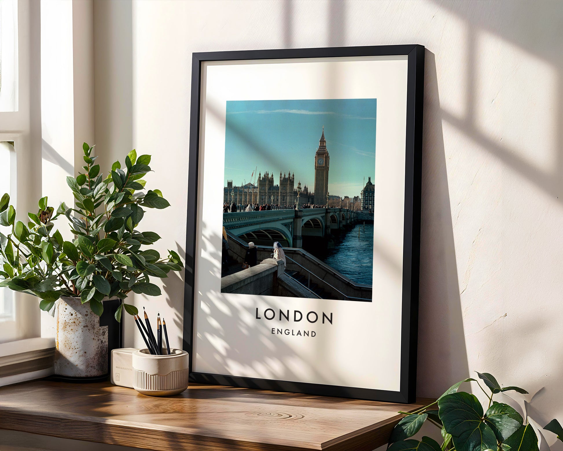 Westminster Bridge Big Ben Parliament Pedestrians - London analogue photography poster print in modern room setting