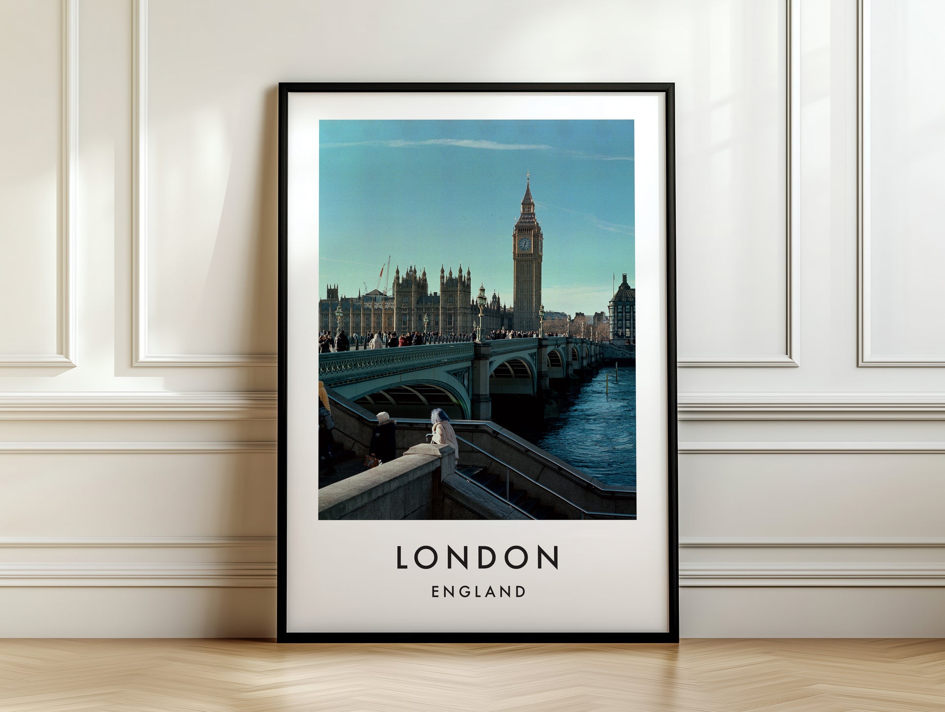 Westminster Bridge Big Ben Parliament Pedestrians - London analogue photography poster print on white panelled wall