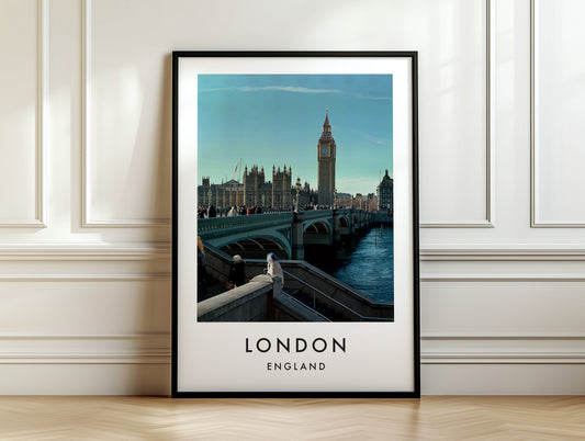 Westminster Bridge Big Ben Parliament Pedestrians - London analogue photography poster print on white panelled wall